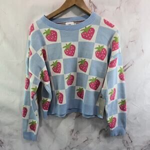 Luna Ivy Sweater Girls Medium Blue Pink Strawbery Checkered Crew T8665